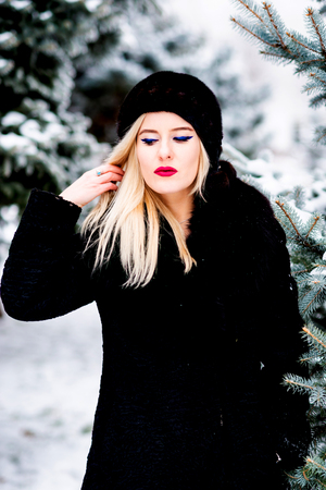 The portrait of blonde woman wearing mink hat with red plump lips in astrakhan fur coat in the snowy day. Make up represent deep blue  cat eye-linerの写真素材