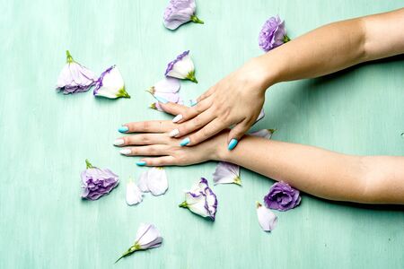 female hands lie on a green background next to flower petals and flowersの写真素材