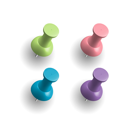 Set of push pins in different colors. Thumbtacks. Vector illustration. Isolated on white background.のイラスト素材