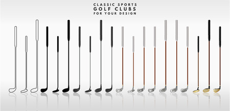 Illustration of golf clubs on a white background in different colors and sizesのイラスト素材