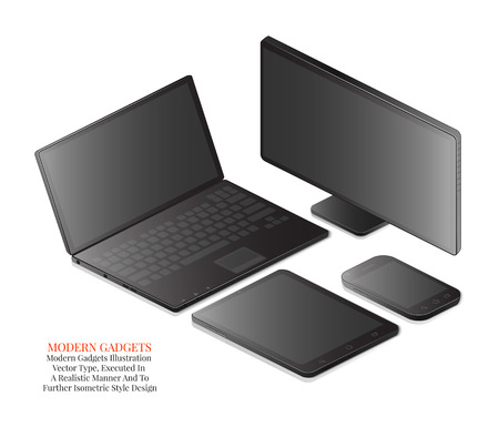 illustration depicting modern gadgets made in a realistic style, perspective view.のイラスト素材