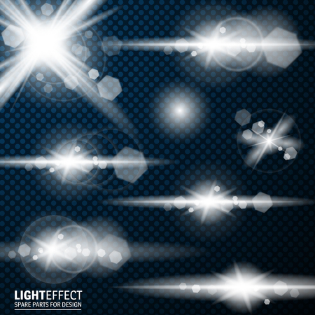 Set of Abstract Lens Flares.Design spare. Glowing stars . Lights and Sparkles on Transparent Background. Transparent Light Effects for Your Design. Vector Illustration.のイラスト素材