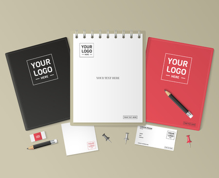 Corporate identity template set. Business stationery mock-up with logo. Branding design. Notebook, card, catalog, pen, pencil, badge,  tablet pc, mobile phone, letterhead.のイラスト素材