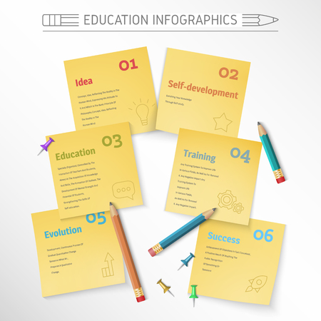 Infographics educational, teaching idea for infographics, information sticker to study illustration with the image of objects for writing, clerical sticker, clerical button, push pin.のイラスト素材