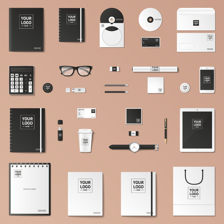 Corporate identity template set. Business stationery mock-up with logo. Branding design. Notebook, card, catalog, pen, pencil, badge,  tablet pc, mobile phone, letterhead.のイラスト素材