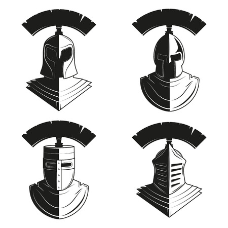 Vector set of icons of ancient helmets and protection.のイラスト素材