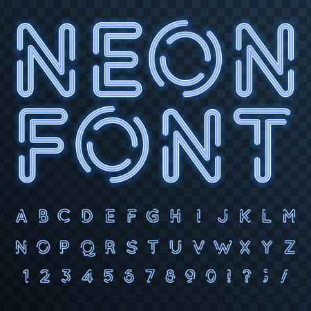 set of characters in retro style. Neon font. Alphabet with glow effect. The letters and numbers in the style of techno.のイラスト素材