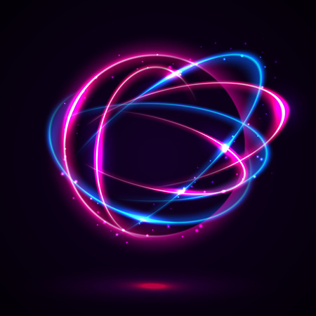 Vector light effect. The object s light stroke. Circular lens flare. Abstract rotational lines. Power energy element. Luminous sci-fi. Shining neon lights cosmic abstract frame. Magic round frame.のイラスト素材