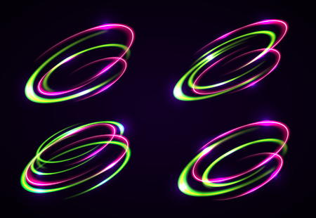 Vector light effect. The object s light stroke. Circular lens flare. Abstract rotational lines. Power energy element. Luminous sci-fi. Shining neon lights cosmic abstract frame. Magic round frame.のイラスト素材