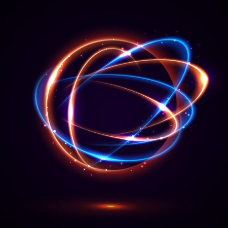 Vector light effect. The object s light stroke. Circular lens flare. Abstract rotational lines. Power energy element. Luminous sci-fi. Shining neon lights cosmic abstract frame. Magic round frame.のイラスト素材