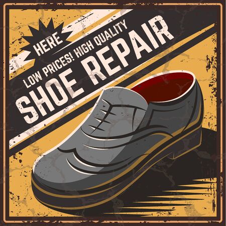 Retro poster shoe repair, vector illustration. Shoe shop for men and women. Poster, banner, sticker in the old, retro, vintage style. With grunge texture.のイラスト素材