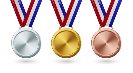 Vector gold medal with ribbon, set of isolated awards in realistic design. Symbol of victory and sporting achievements. Celebration and ceremony concept.のイラスト素材