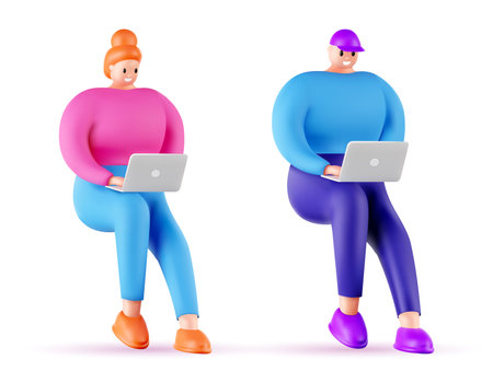 3d vector cartoon character with computer.のイラスト素材
