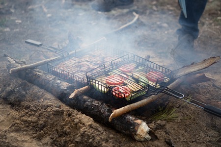 delicious grilled meat with vegetable over the coals on a barbecueの写真素材
