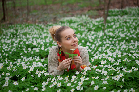 Sunlit forest. Beautiful sensual lady lying on flower meadowの写真素材