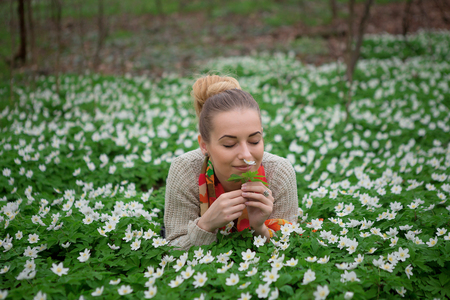 Sunlit forest. Beautiful sensual lady lying on flower meadowの写真素材