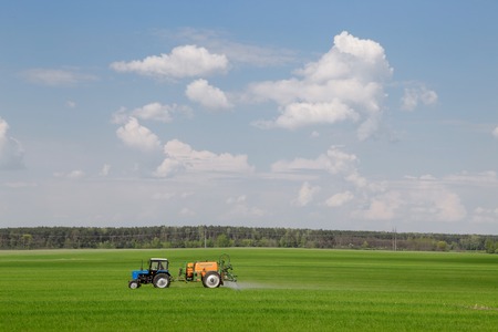 Gomel, Belarus - May 4, 2016: Tractor spraying wheat field with sprayer, herbicides and pesticides.のeditorial素材