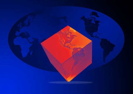 illustration of a globe cube in blue back groundの写真素材