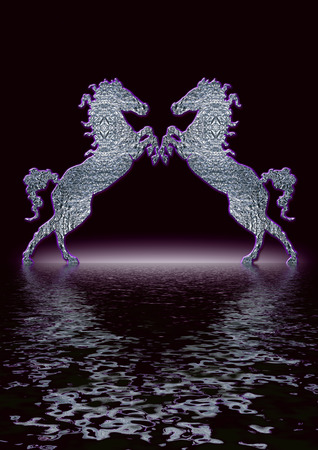 a rearing horse on the beach at sunset in blackの写真素材