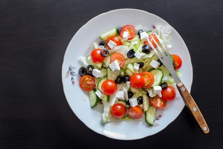 Greek salad on dark backgroundの写真素材