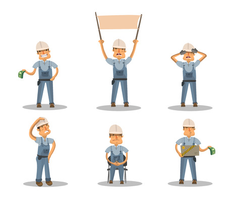 Construction worker with a box with a banner, a cup of coffee with the money covering the face with his hands, with money, with the premiseのイラスト素材
