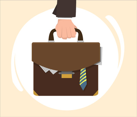Man's hand holding the hand of a leather suitcase, from which protrude documents and tieのイラスト素材