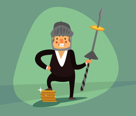 Smiling businessman with a spear and a helmet protects your income, gold coins. Green background.のイラスト素材
