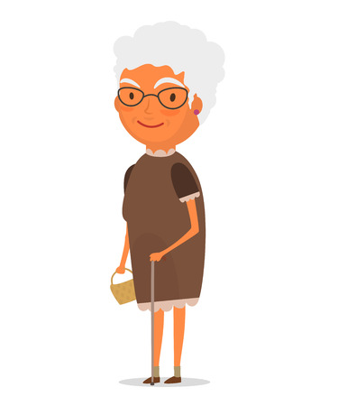 Smiling gray-haired old lady with a cane and a bag standing in a brown dress.のイラスト素材