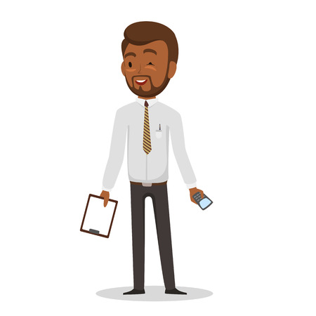 Swarthy businessman in white shirt and black trousers with a mobile phone and a folder in hands.のイラスト素材