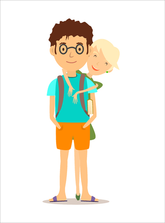 Blond girl in a green dress standing behind a guy with glasses and hugs him. Hugging and smilingのイラスト素材