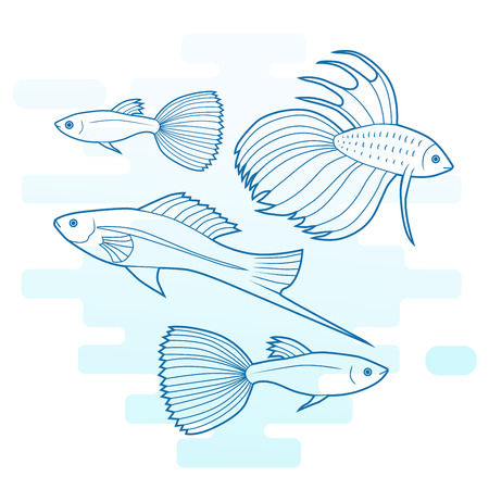 Set of sea and ocean fish. Tropical decorative fish. Modern color outline illustration. Collection of aquarium fish. Vectorのイラスト素材