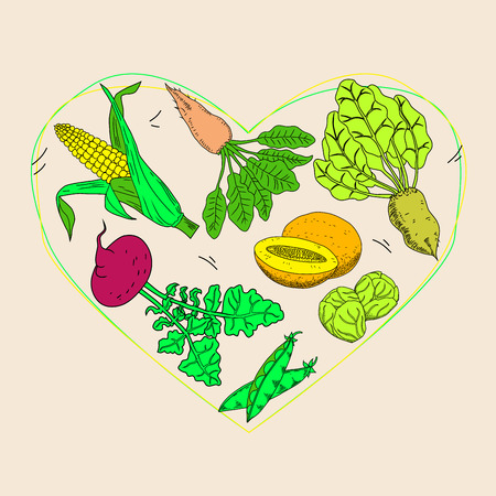Vegetable and fruit food health care heart shape template design. Vegetarian menu set. Vegetables and diet, fresh and fruit. Vector illustration. Cartoon illustration / graphic or web design layout.のイラスト素材