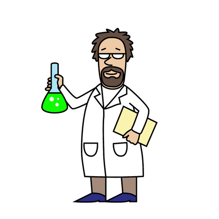 Scientist at Work. Scientist with flask. Cartoon character. Old man. Vector modern illustrationのイラスト素材