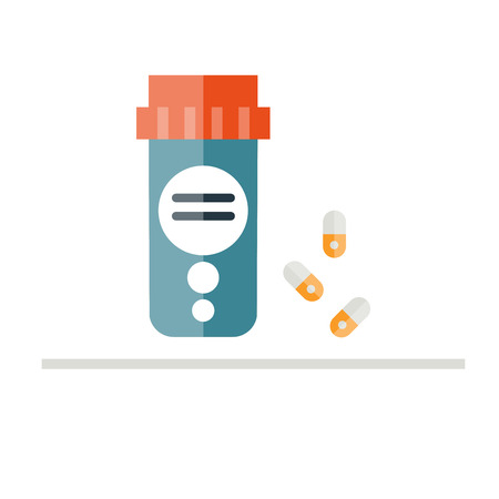 Pill bottle vector illustration. Medicine bottle in flat style. Isolated on color background. Pills. Prescription bottle.のイラスト素材