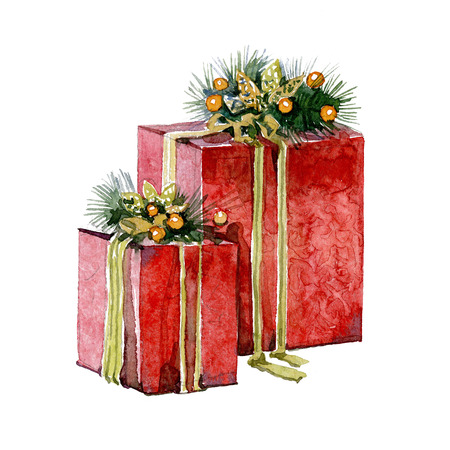 Watercolor Christmas presents on a white backgroundの写真素材