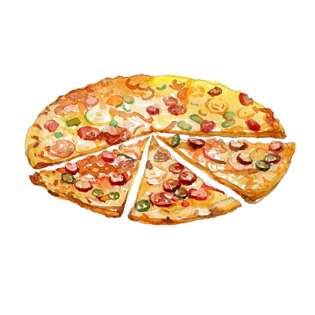 Watercolor Pizza pieces isolated on white background.の写真素材