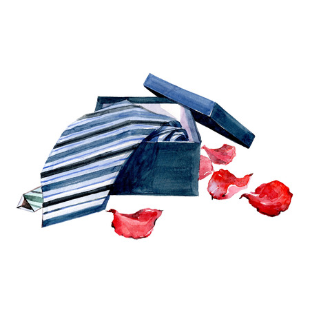 Watercolor Valentine's Day card striped tie with rose petals isolated on a white background illustration.の写真素材