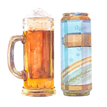 Watercolor realistic beer glass and a can of beer on a white background illustration.の写真素材