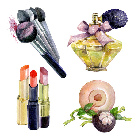 Set of watercolor lipstick, makeup brush, perfume, handmade bath soap isolated on white background.の写真素材