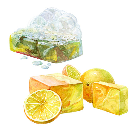 Set of watercolor handmade bath soap with fruits and herbal isolated on white background.の写真素材