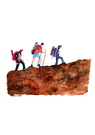 Group of rock climbers climbing a mountain watercolor hand painted isolated on white background.の写真素材