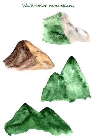 Set of watercolor four rocky mountains landscape isolated on white background.の写真素材