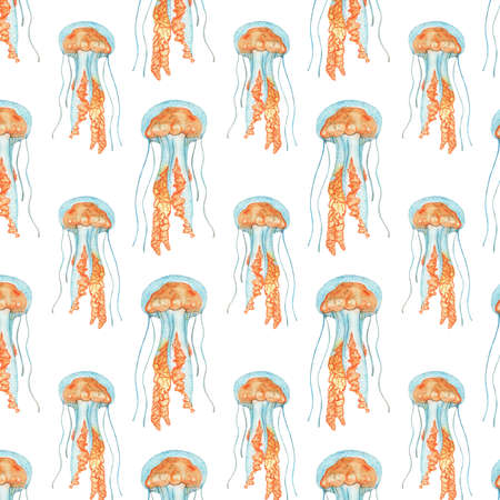Jellyfish pattern.Watercolor illustration of orange and blue jellyfish on white backgroundの写真素材
