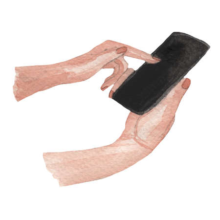 Watercolor drawing painting smartphone with black screen in hand. High resolution watercolors draw collection.の写真素材
