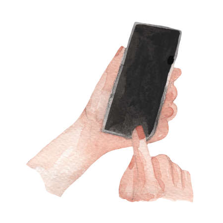 Watercolor drawing painting smartphone with black screen in hand. High resolution watercolors draw collection.の写真素材