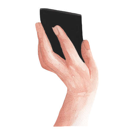 Watercolor drawing painting smartphone with black screen in hand. High resolution watercolors draw collection.の写真素材