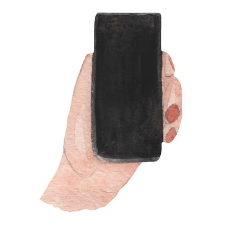 Watercolor drawing painting smartphone with black screen in hand. High resolution watercolors draw...