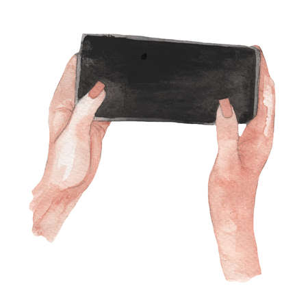 Watercolor drawing painting smartphone with black screen in hand. High resolution watercolors draw collection.の写真素材