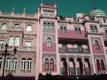 Historical pink building in arabic style in Seville, Spainの写真素材