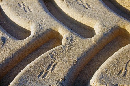 Traces of tires on the yellow sand, close up, morning, summerの写真素材